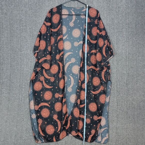 Celestial Kimono Womens One Size Black Brown Sheer Sun Moon Stars Midi Cover Up - Picture 7 of 15